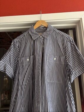 Everlane Navy and White Short-Sleeve Striped Button-Down Shirt Dress